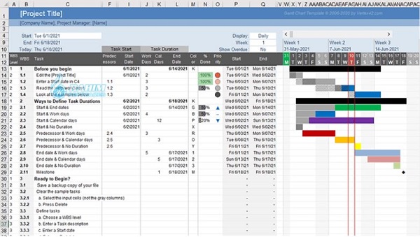 Gantt chart Excel template with subtasks